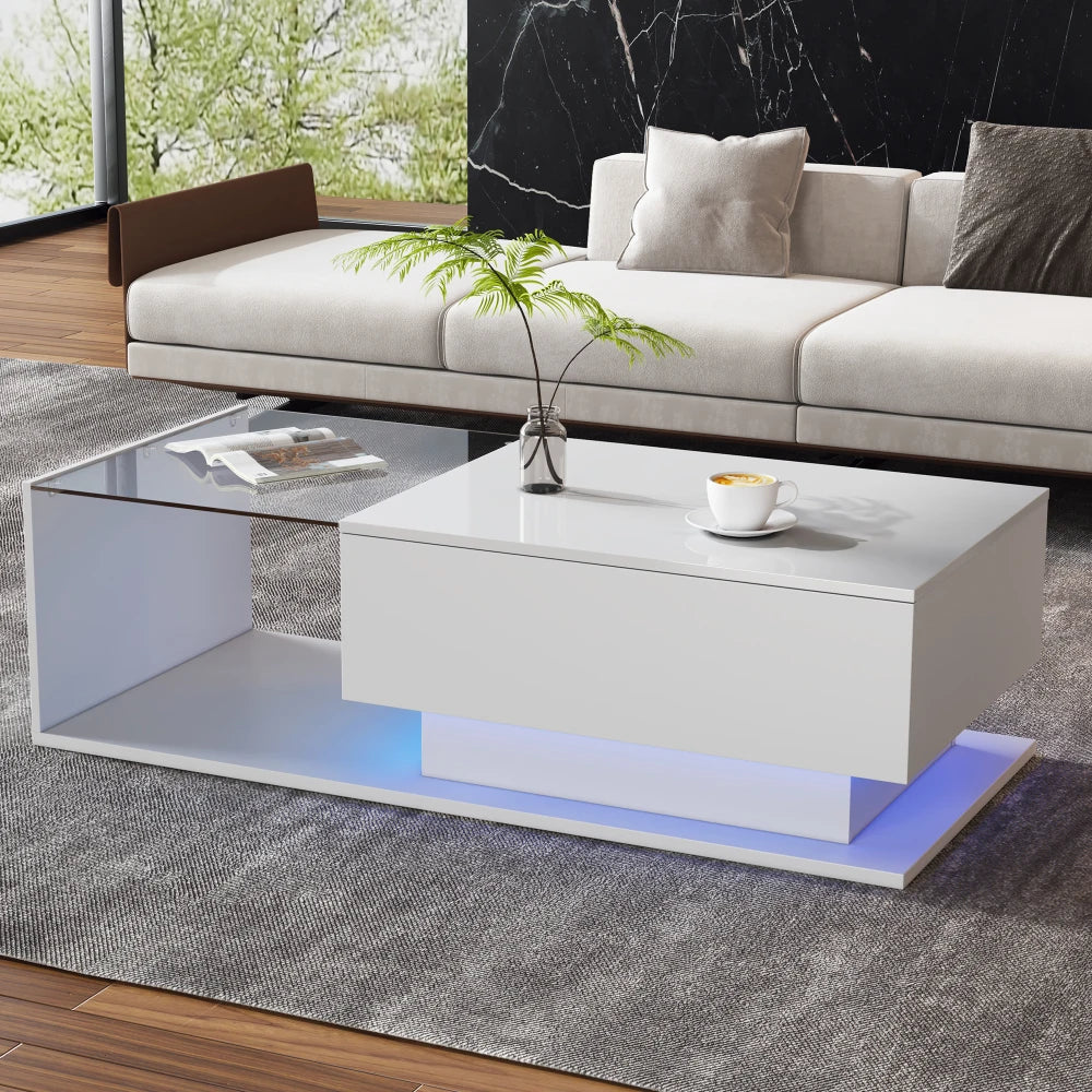 High Gloss Coffee Table with LED Lights Glass Top and Drawer | Modern Living Room Table