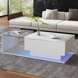 High Gloss Coffee Table with LED Lights Glass Top and Drawer | Modern Living Room Table