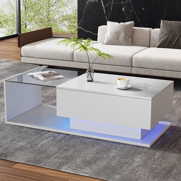High Gloss Coffee Table with LED Lights Glass Top and Drawer | Modern Living Room Table