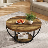 Round Coffee Table 2 Tier with Storage Shelves | Industrial Wooden Sofa Side Table
