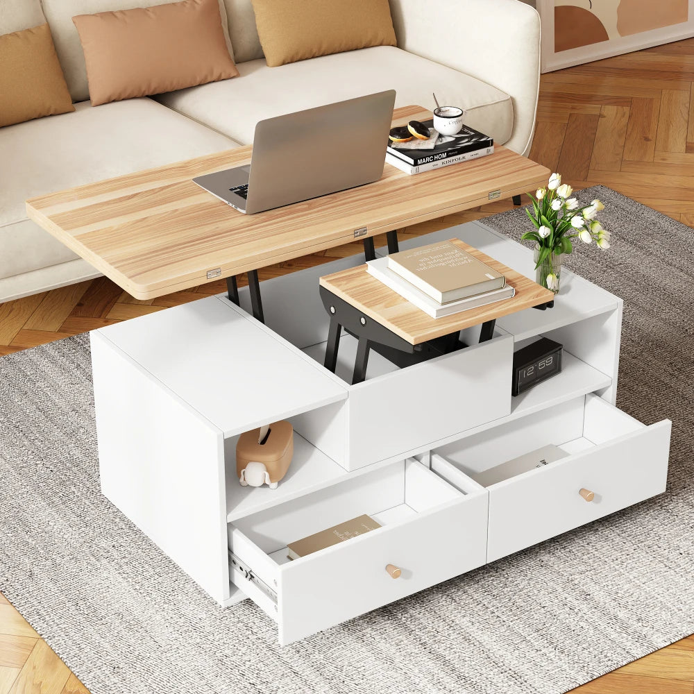 Lift Top Coffee Table with Wheels and 4 Drawers | Extendable Dining and Work Table