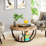 Round Coffee Table 2 Tier with Storage Shelves | Industrial Wooden Sofa Side Table