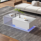 High Gloss Coffee Table with LED Lights Glass Top and Drawer | Modern Living Room Table