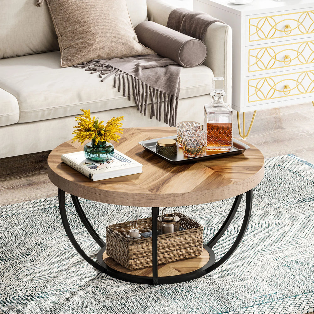 Round Coffee Table 2 Tier with Storage Shelves | Industrial Wooden Sofa Side Table