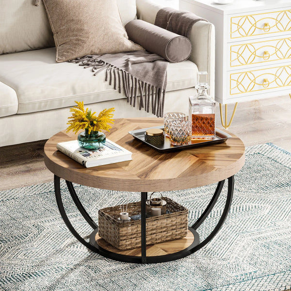 Round Coffee Table 2 Tier with Storage Shelves | Industrial Wooden Sofa Side Table