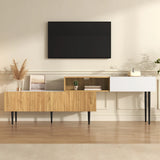 Modular TV Unit Adjustable Width | Wood and White TV Cabinet with Black Legs