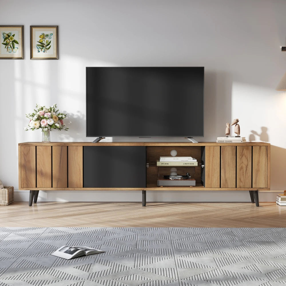 Wood TV Unit with 3 Doors and Open Shelving | TV Cabinet Sideboard UK