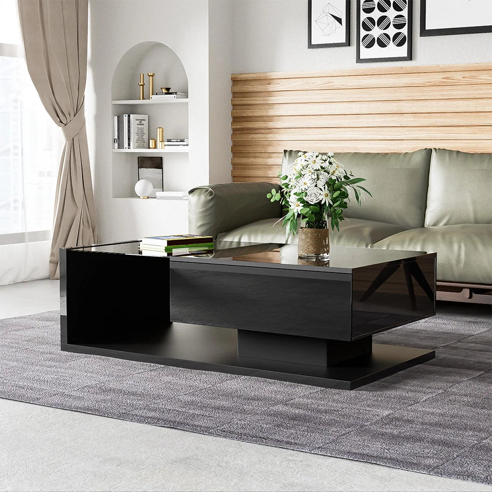 High Gloss Coffee Table with Glass Top and LED Lights | Modern Living Room Coffee Table