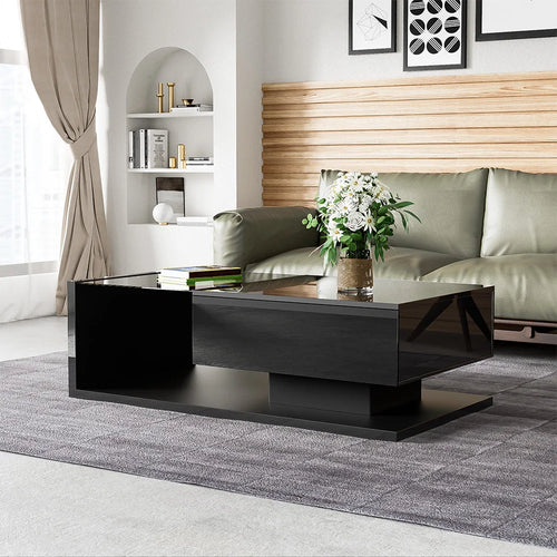 High Gloss Coffee Table with Glass Top and LED Lights | Modern Living Room Coffee Table