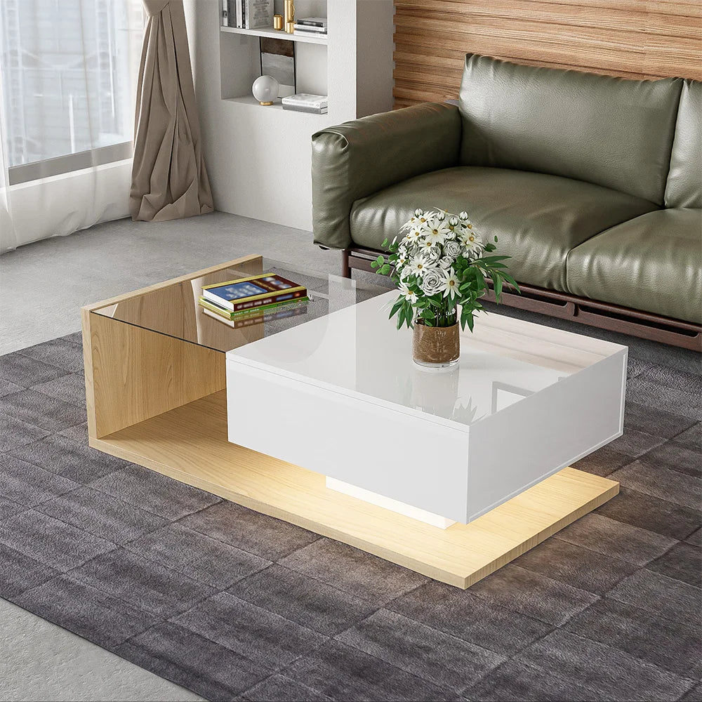 High Gloss Coffee Table with Glass and LED Lights | Wood Effect Modern Coffee Table