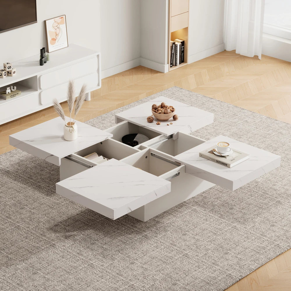 Square Marble Effect Coffee Table with 4 Sliding Drawers | Low Profile Centre Table