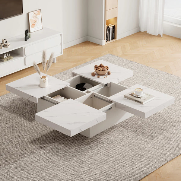 Square Marble Effect Coffee Table with 4 Sliding Drawers | Low Profile Centre Table