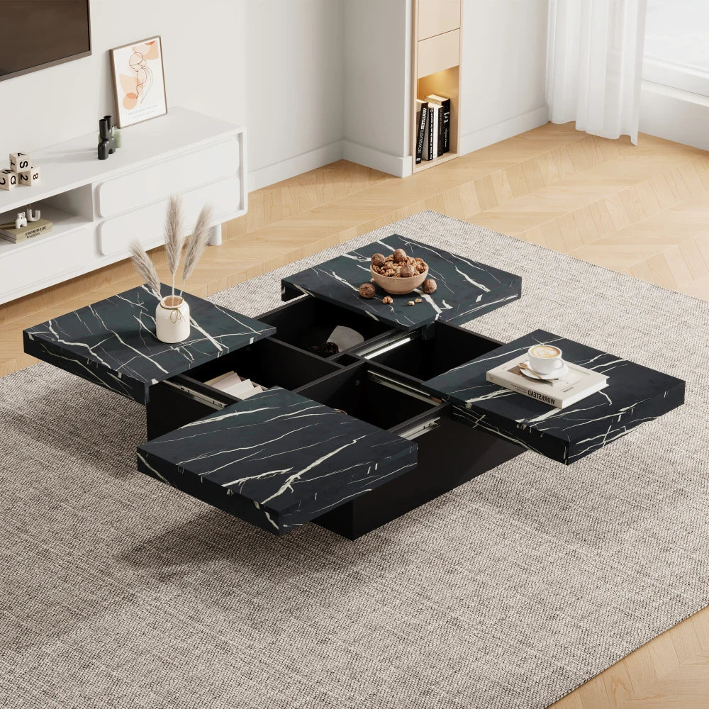 Square Marble Effect Coffee Table with 4 Sliding Drawers | Large Modern Centre Table