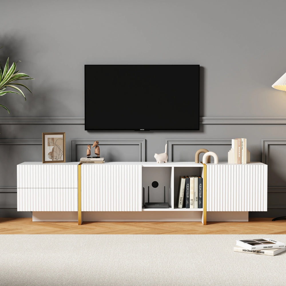White TV Unit 190cm with Shelves and Cabinets | Living Room TV Cabinet