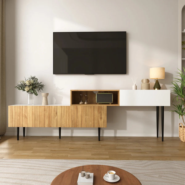 Modular TV Unit Adjustable Width | Wood and White TV Cabinet with Black Legs