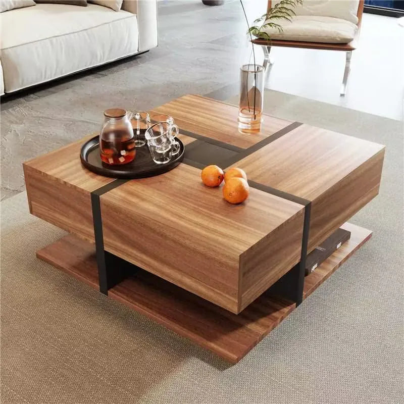 Coffee Table with 4 Drawers and Line Design | Large Storage Living Room Table