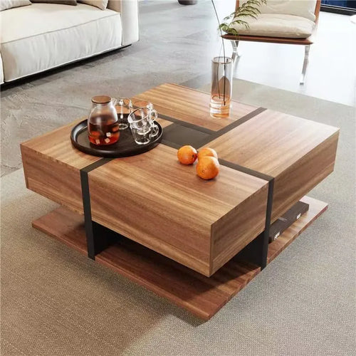 Coffee Table with 4 Drawers and Line Design | Large Storage Living Room Table