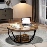 Round Coffee Table 2 Tier with Storage Shelves | Industrial Wooden Sofa Side Table