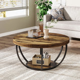 Round Coffee Table 2 Tier with Storage Shelves | Industrial Wooden Sofa Side Table