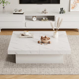 Square Marble Effect Coffee Table with 4 Sliding Drawers | Low Profile Centre Table